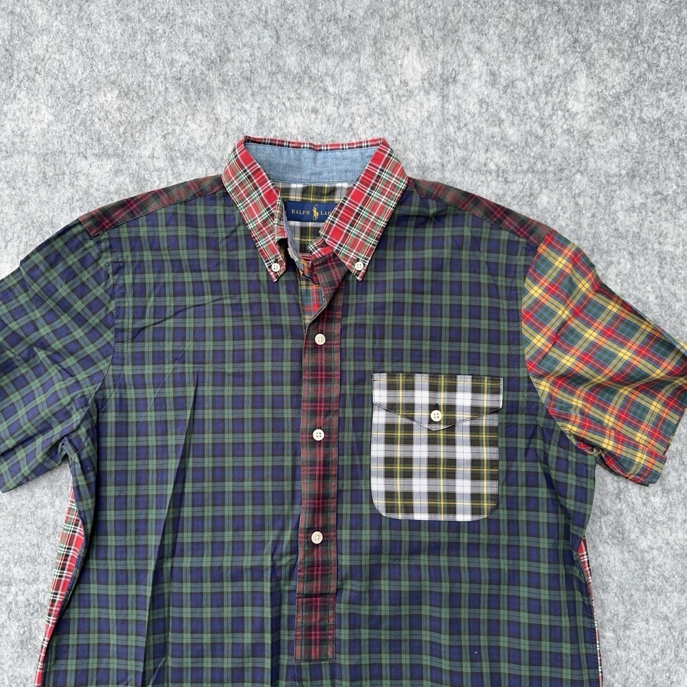 Polo Ralph Lauren Patchwork Plaid Shirt Mens Medium Henley Button Up Green - Picture 14 of 15